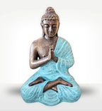 Med Large Turquoise & Gold Praying Buddha Statue - 1.2m Tall featuring a serene hand carved Buddha figure in turquoise and gold tones, perfect for peaceful home or garden decor.