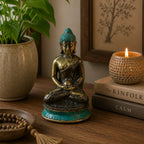 Med Meditation Sitting Buddha statue in a serene pose with a weathered brass and turquoise finish, placed on a wooden table next to a potted plant, candle, and books.