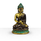 Med Meditation Sitting Buddha statue in gold and green tones, showcasing detailed craftsmanship in a serene seated meditation pose on a decorative base.