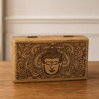 Med Square Wooden Buddha Box 17x10x4.2cm - Buddha Face Black Engraved