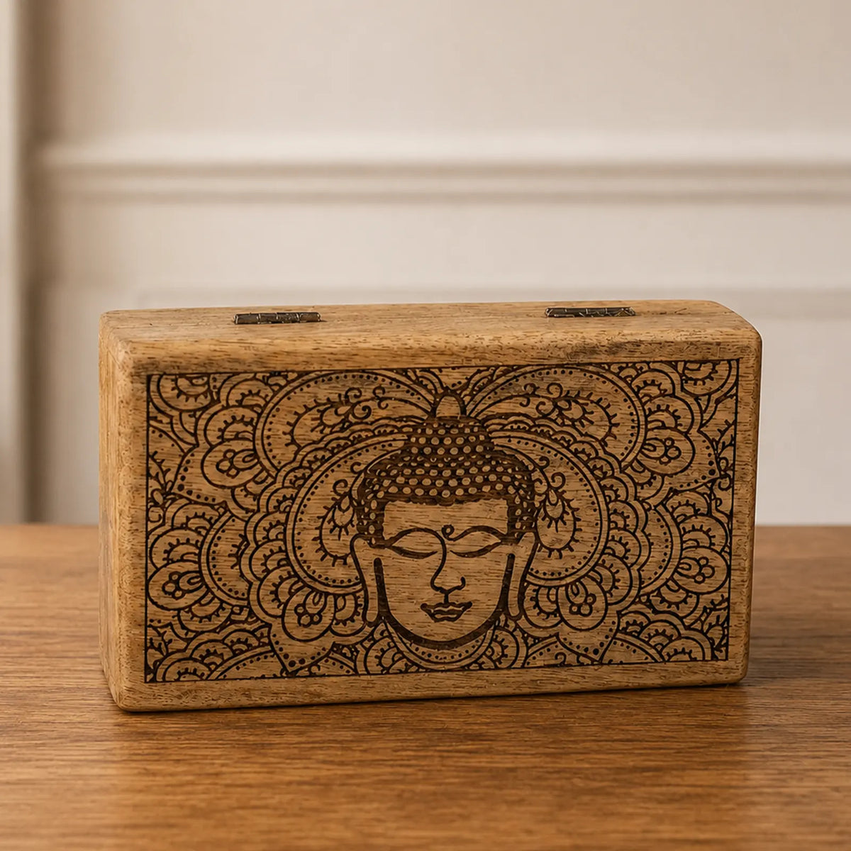 Med Square Wooden Buddha Box 17x10x4.2cm - Buddha Face Black Engraved