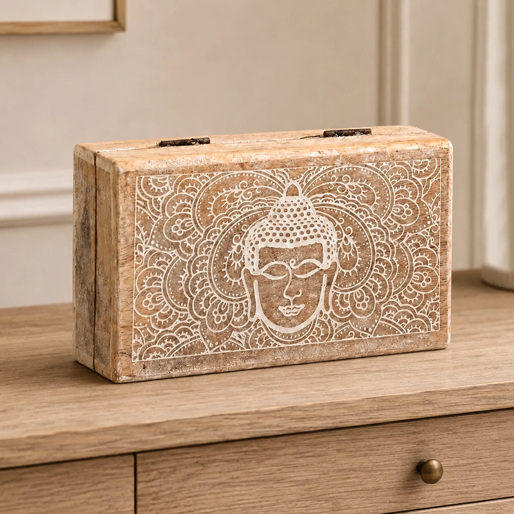 Med Square Wooden Buddha Box 17x10x4.2cm - Buddha Face Whitewash