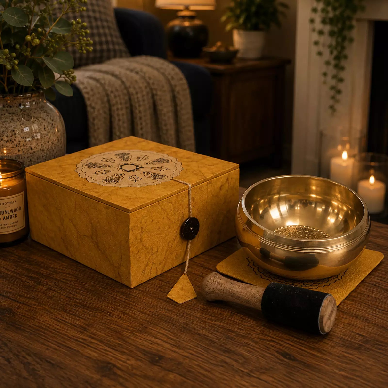 A brass singing bowl set on a wooden table in a warmly lit room, with a matching yellow box and mallet nearby. The scene includes candles, plants, and a sofa in the background, creating a cozy home environment.