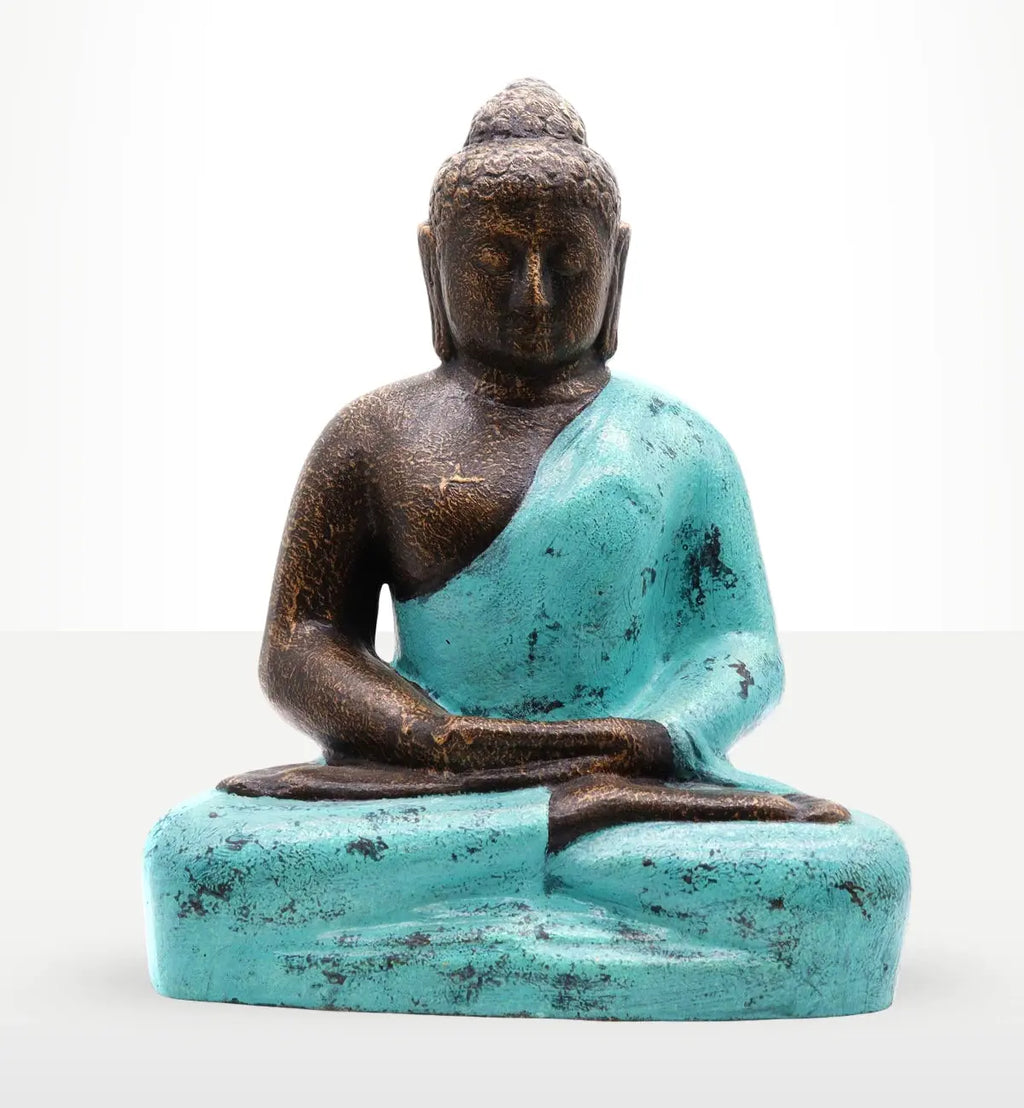 Medium Buddha Classic Turquoise & Stone - 0.5m, a serene resin Buddha statue featuring a turquoise robe and stone-textured body, ideal for peaceful home decor.