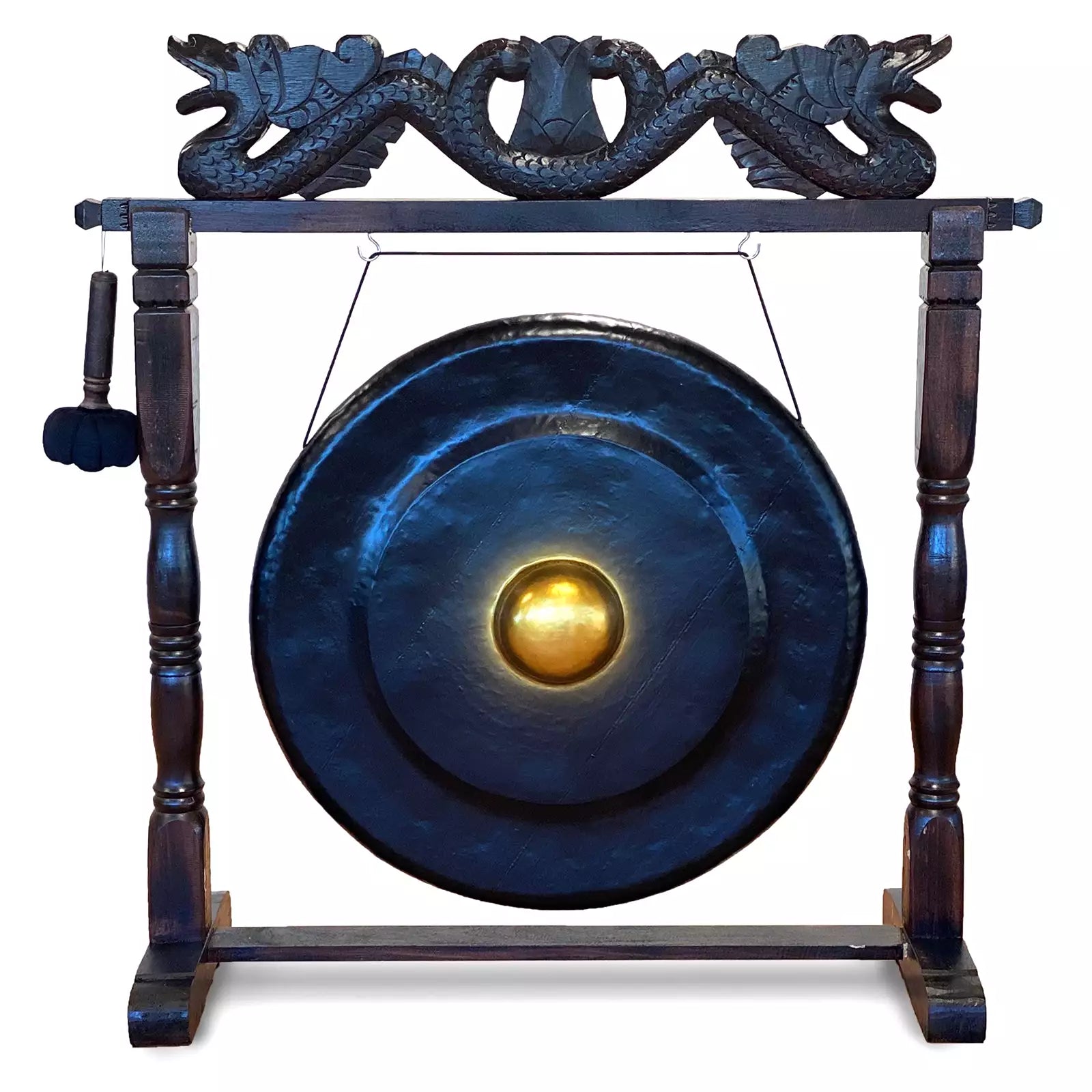 A large round gong with a polished gold center, mounted on a dark wooden stand with turned legs and a dragon-shaped decorative top, shown on a plain white background.