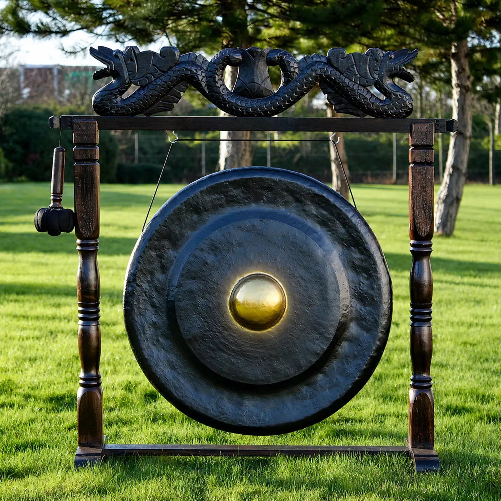 A large round bronze gong with a polished golden center, mounted on a dark wooden frame with dragon carvings at the top, set outdoors on a green lawn.