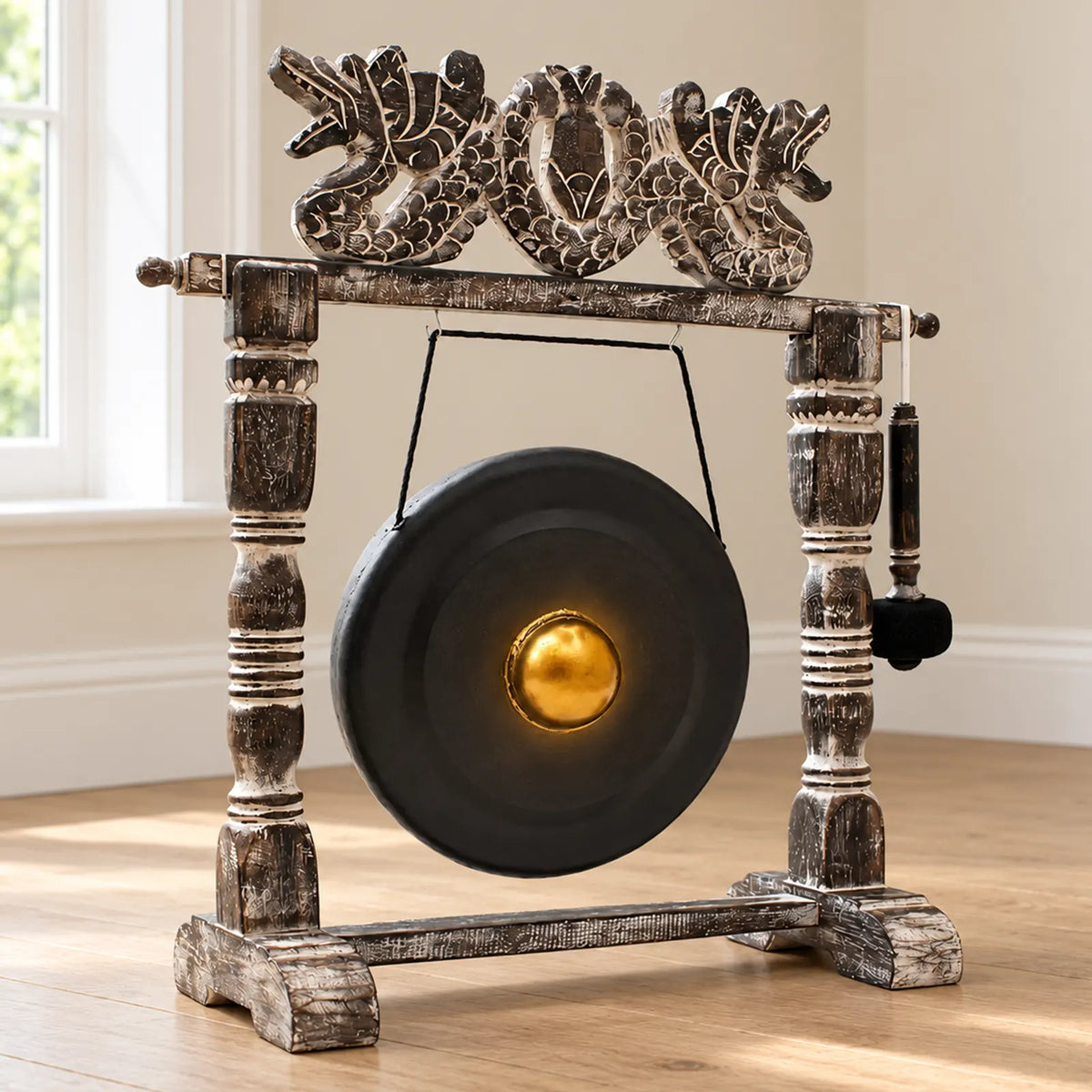 Small Healing Gong in Wooden Stand - 25cm - Black