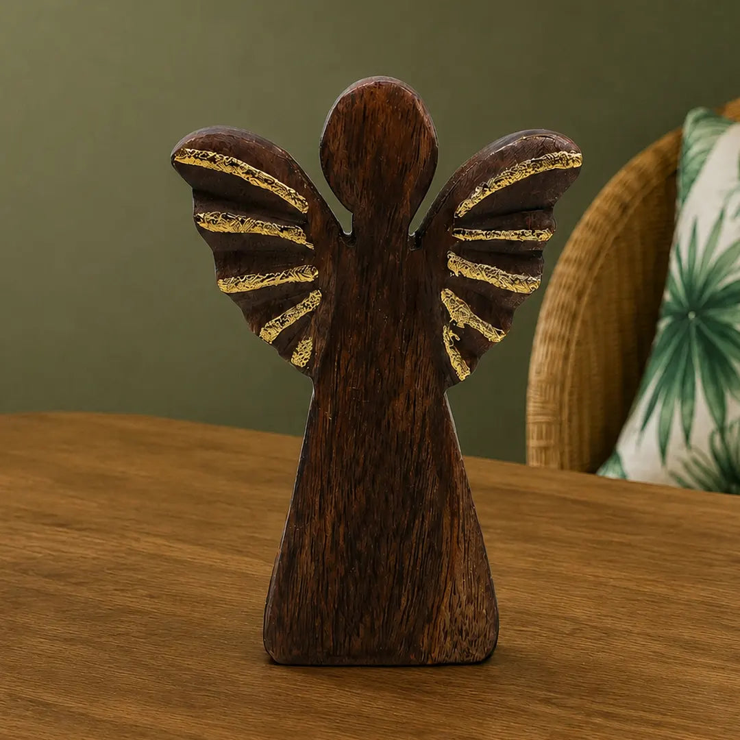 Medium Mango Wood Angel Figurines Statuettes - Gold Decor