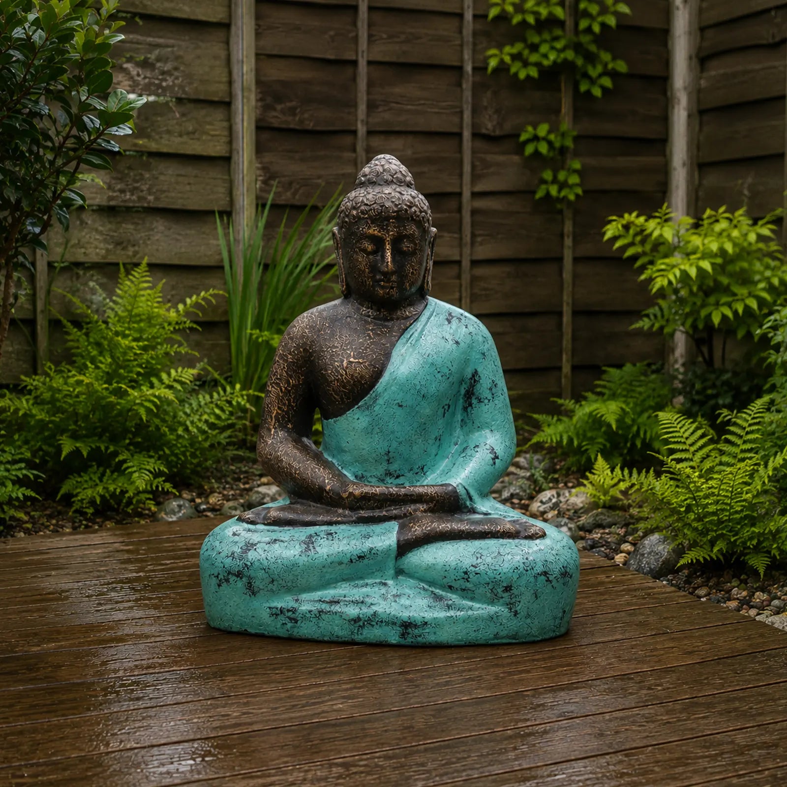 Medium Outdoor Garden Buddha Statue Classic Pose - Turquoise & Stone - 50cm
