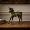 Medium Gold & Turquoise Horse 25 cm sculpture featuring intricate gold detailing on a turquoise and dark brown decorative horse figurine, standing with an elegant posture.