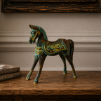 Medium Gold & Turquoise Horse 25 cm sculpture featuring intricate gold detailing on a turquoise and dark brown decorative horse figurine, standing with an elegant posture.