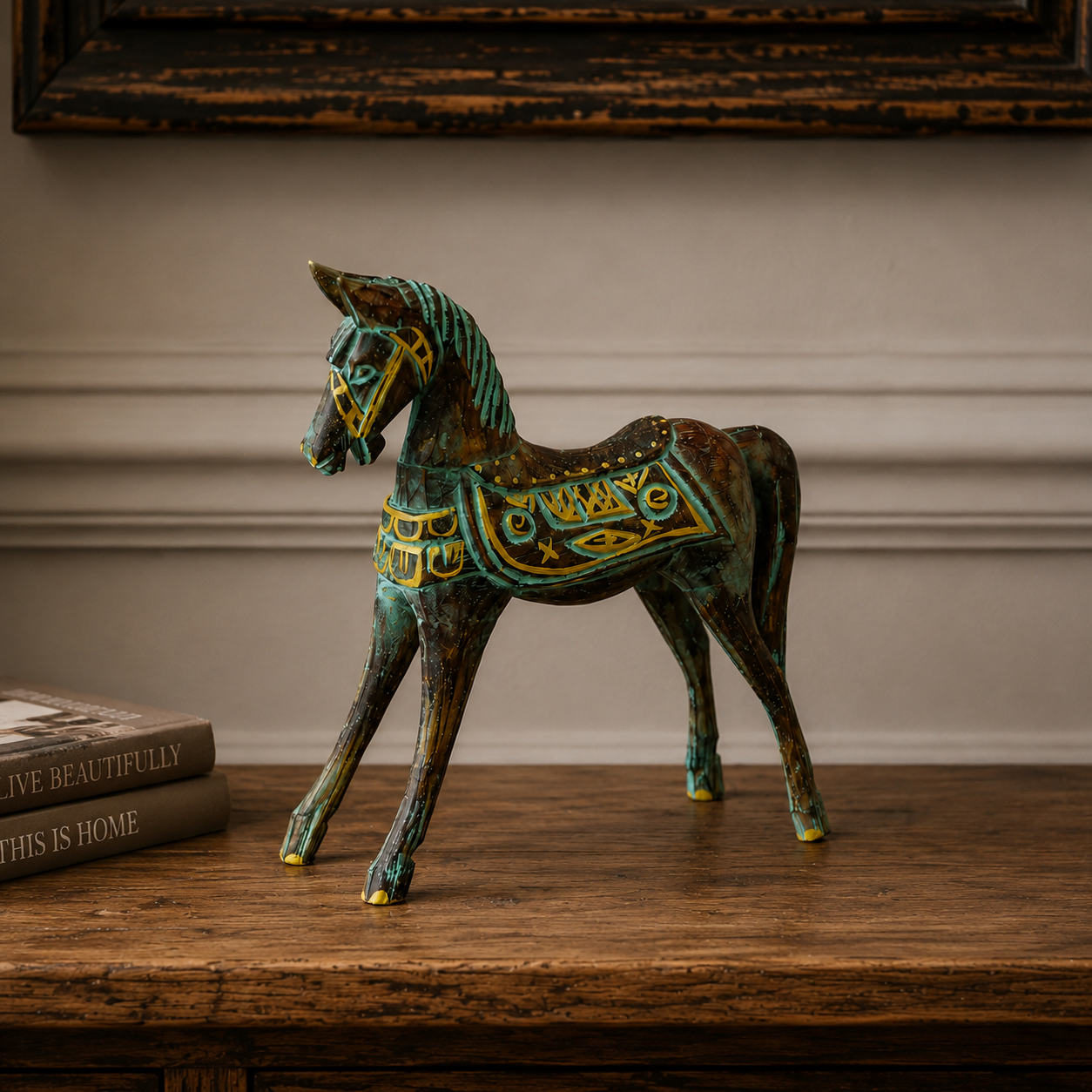Medium Gold & Turquoise Horse 25 cm sculpture featuring intricate gold detailing on a turquoise and dark brown decorative horse figurine, standing with an elegant posture.