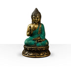 Mini Hand Up Sitting Buddha statue in a hand-carved style with a gold and turquoise finish, seated on a detailed lotus base, perfect for Buddha decor and tabletop display.