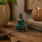 Mini Hand Up Sitting Buddha statue in a serene pose with turquoise and gold tones displayed on a wooden surface alongside calming decor elements.