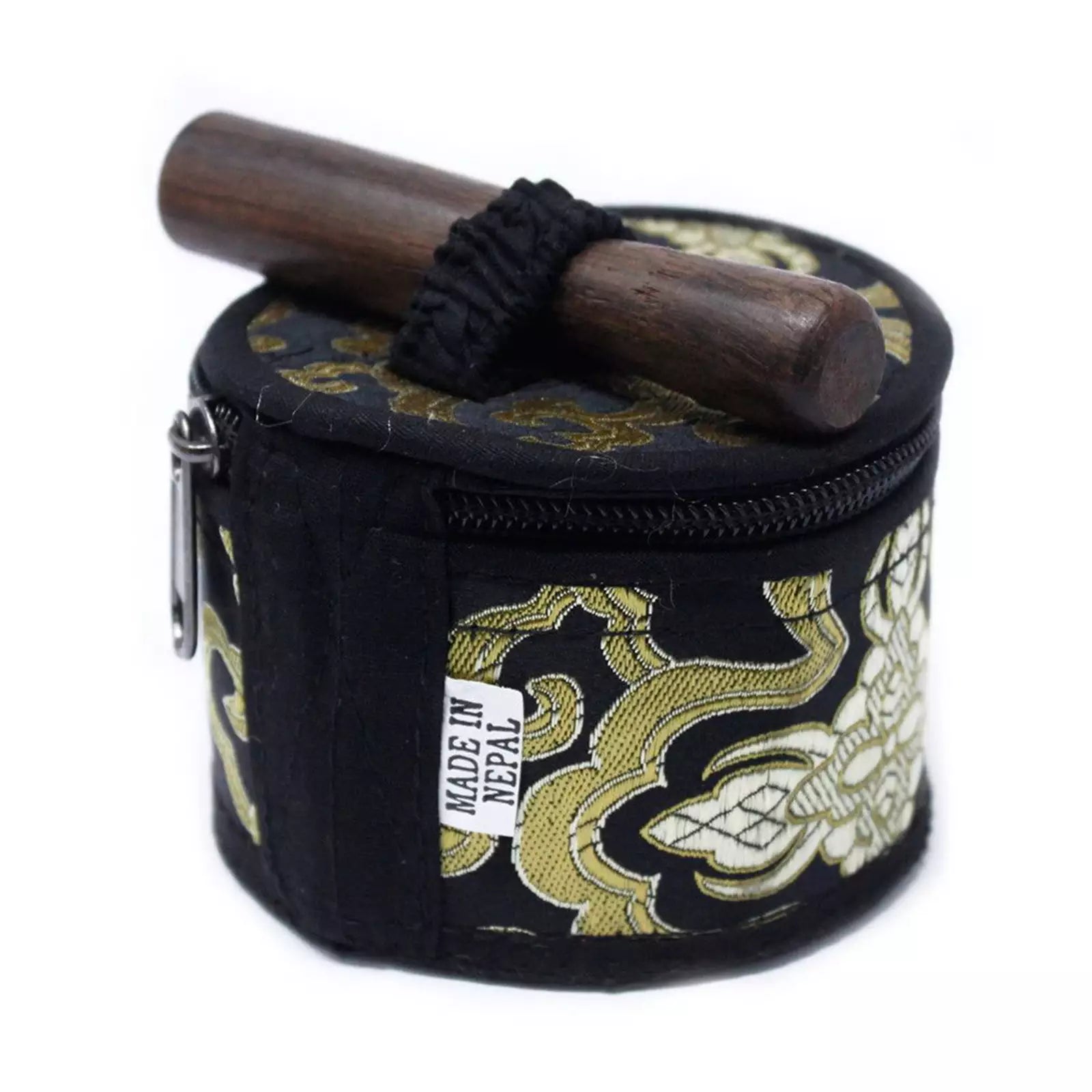 A small black zippered fabric case with ornate gold embroidered patterns, shown on a white background. A dark wooden mallet rests across the top, secured by a black elastic band.