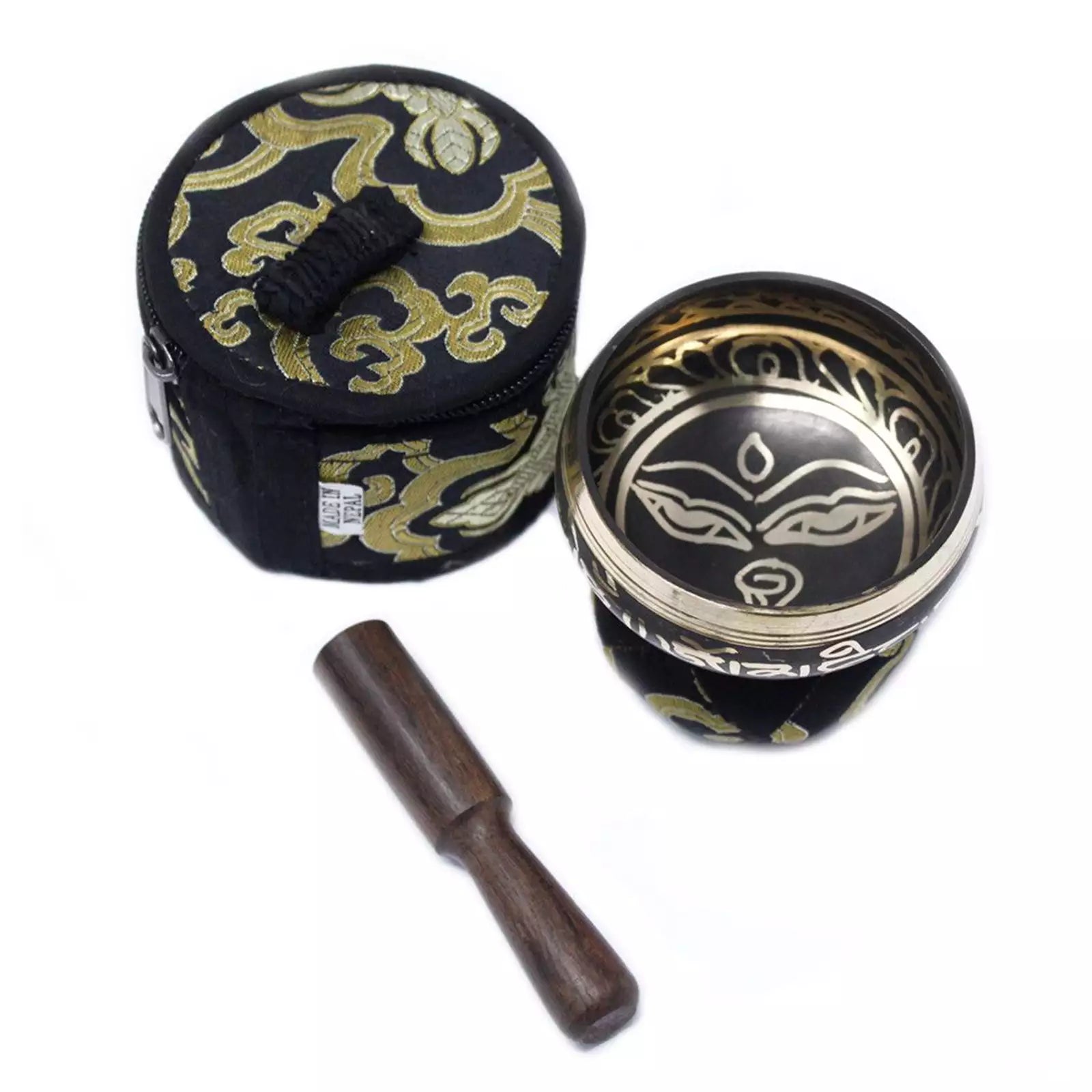 A Tibetan singing bowl set on a white background, including an open singing bowl with gold-toned inner detailing, a black zippered carrying case with gold dragon motifs, and a dark wooden mallet.