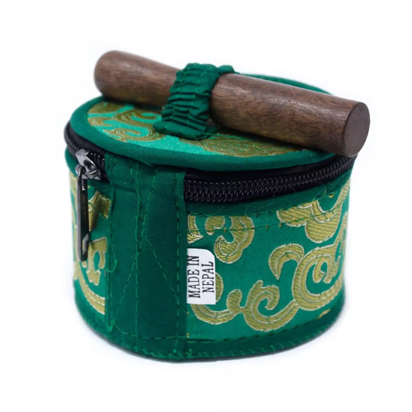 A green cylindrical fabric storage case with gold patterned embroidery, a black zipper, and a green elastic strap holding a wooden mallet on top. A small white tag reads 'MADE IN NEPAL'.