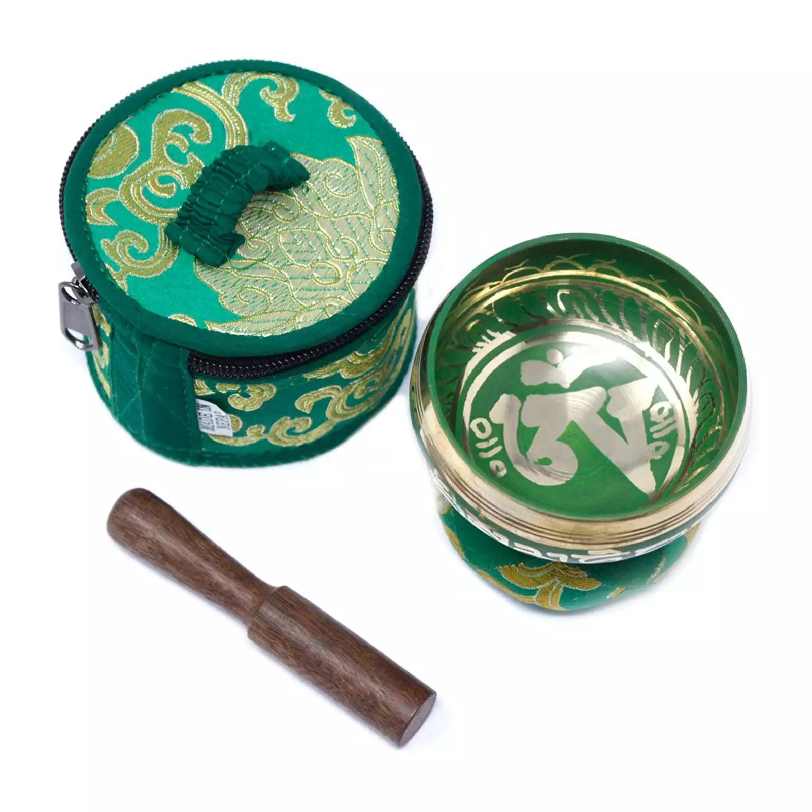 A green and gold Tibetan singing bowl set with a matching zippered carrying case and a wooden striker, shown on a plain white background.