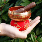 A Tibetan singing bowl with a wooden mallet rests on a red cushion held in a person's hand, with green foliage in the background.