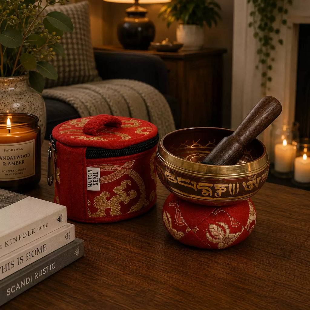 A brass singing bowl set with a wooden mallet resting inside, placed on a red patterned cushion on a wooden table. A matching red zippered storage case sits beside it, with candles, books, and home decor softly blurred in the background.