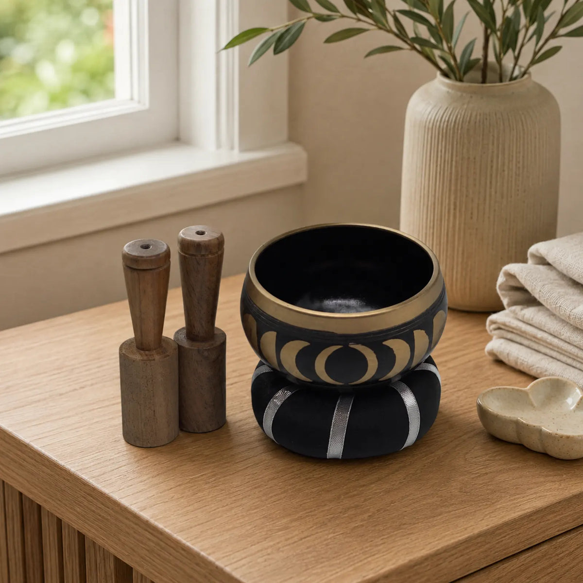 Moon Phase Tibetan Singing Bowl Set - Black 10.7cm