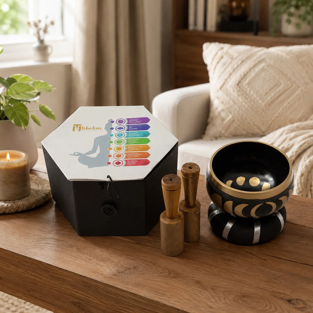 Moon Phase Tibetan Singing Bowl Set - Black 10.7cm