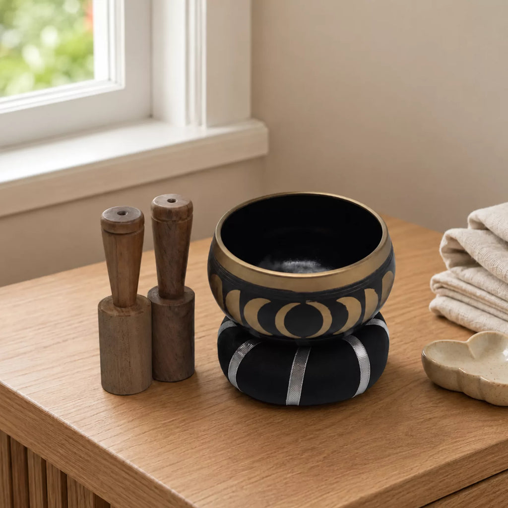 Moon Phase Tibetan Singing Bowl Set - Black 10.7cm