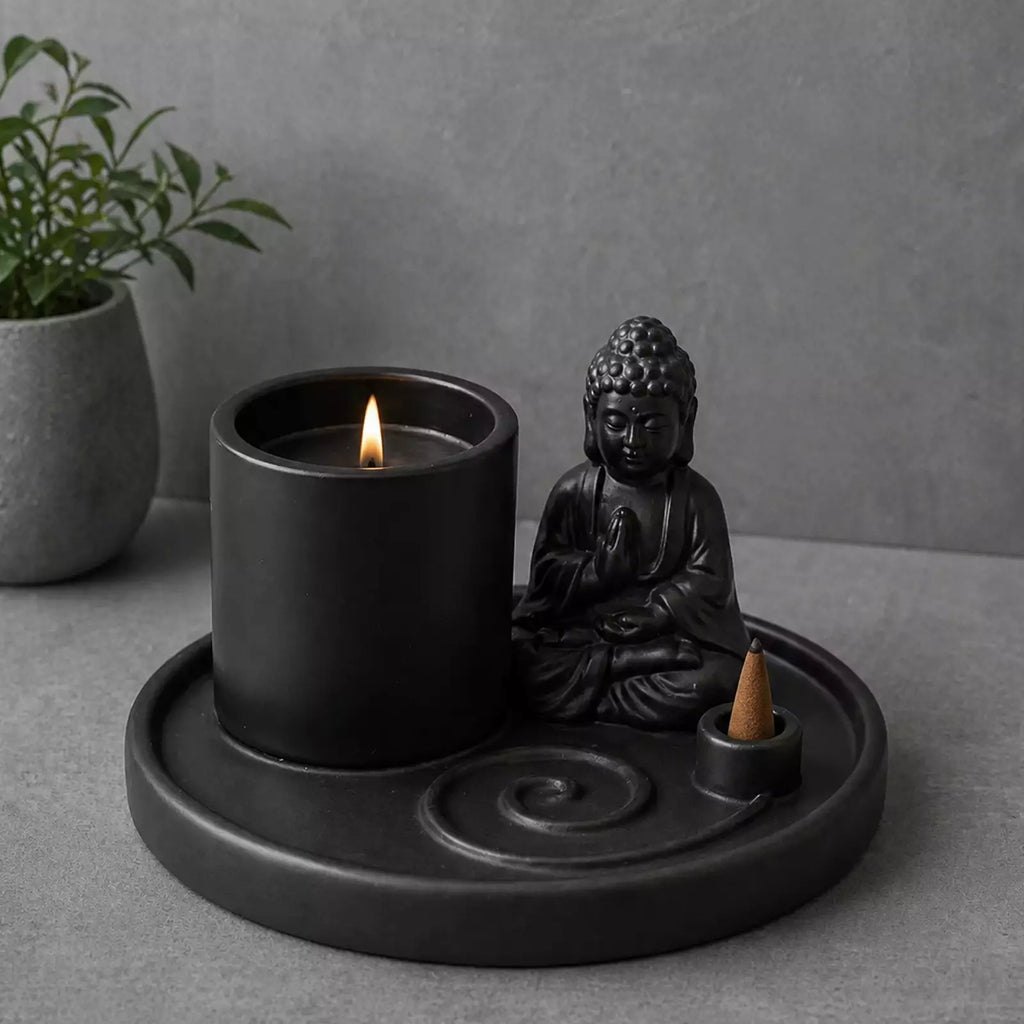 Multi Purpose Buddha Incense Plate - Ceramic Matt Black featuring a serene seated Buddha figure, round base with spiral design, and holders for incense sticks and cones.