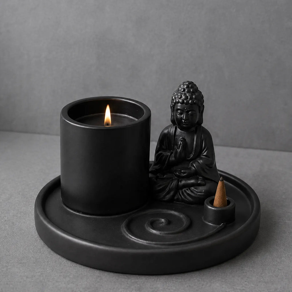 Multi Purpose Buddha Incense Burner & Holder Plate - Ceramic Matt Black