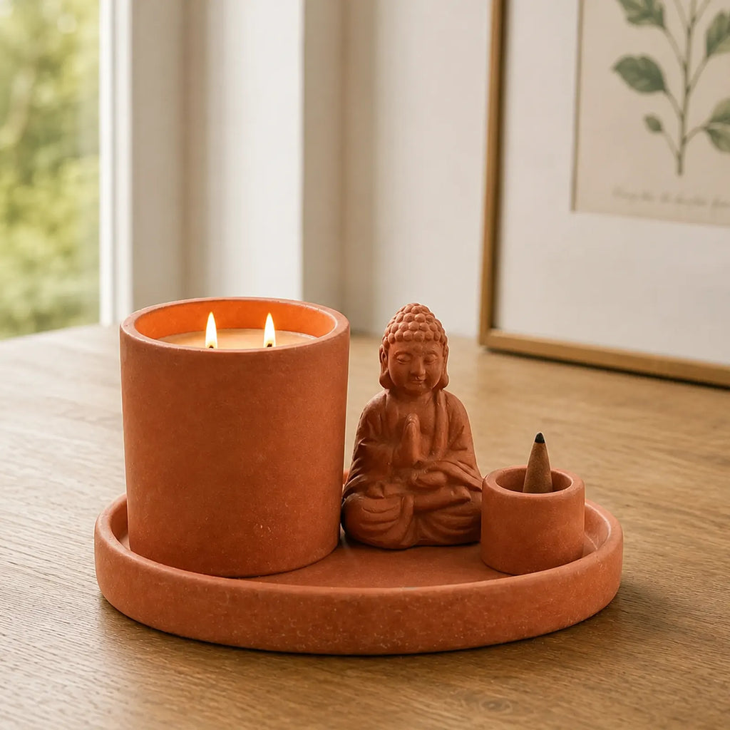Multi Purpose Buddha Incense Burner & Holder Plate - Natural Terracotta Style