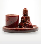 Multi Purpose Buddha Incense Plate - Ceramic Soft Red featuring a glossy ceramic Buddha figure seated next to an incense holder on a matching dish, ideal for Buddha decor and incense use.