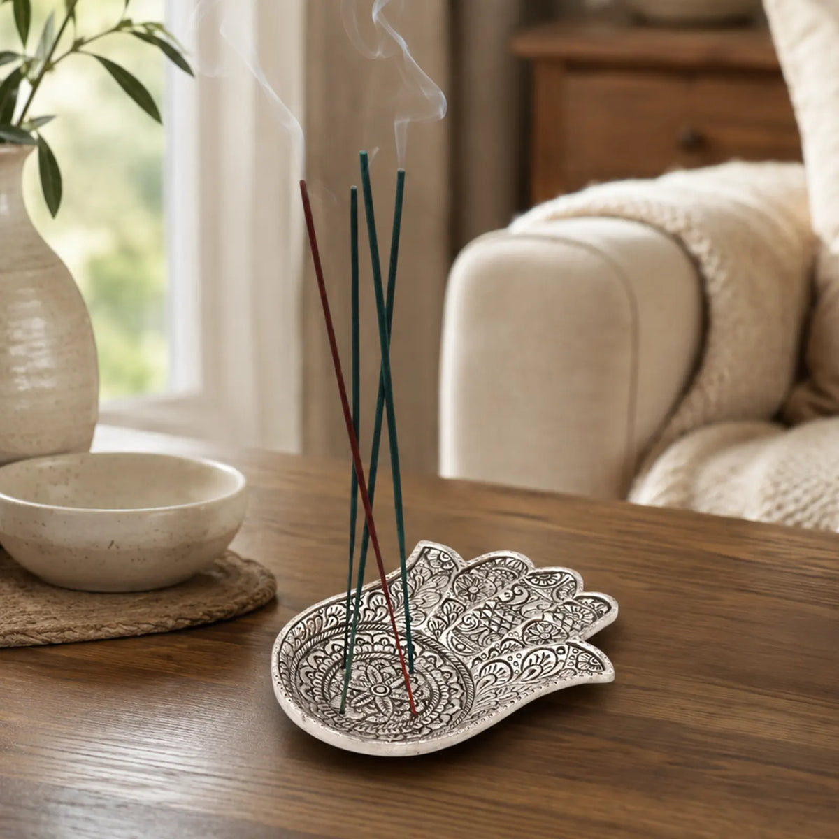 Polished Aluminium Hamsa Incense Holder - Large