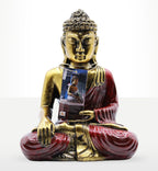 Red & Gold Buddha - Large statue featuring a hand-painted finish with intricate detailing, combining a golden brass look and deep red robes in a serene seated pose.