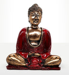Red & Gold Buddha - Medium hand carved statue featuring a serene seated Buddha with gold-toned skin and deep red robes, ideal for calming Buddha decor.
