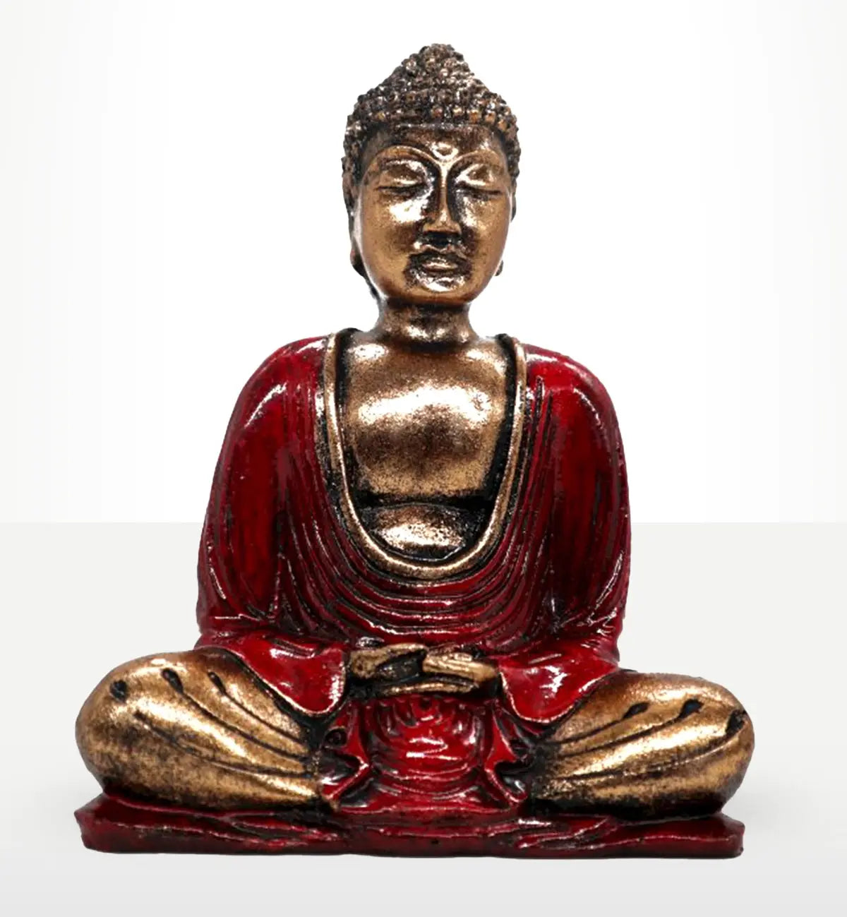 Red & Gold Buddha - Medium hand carved resin Buddha statue featuring a serene figure seated in meditation with metallic gold and deep red accents.