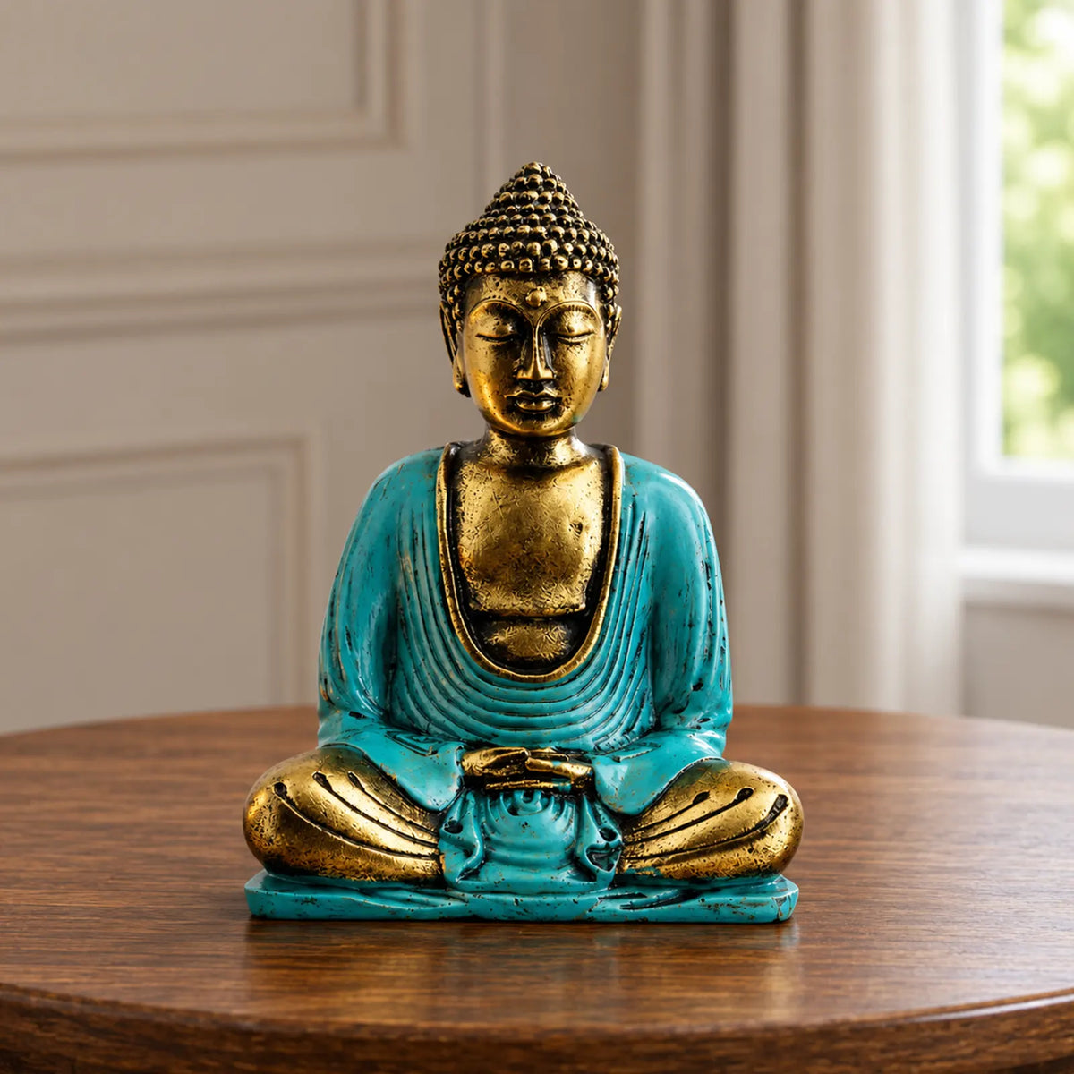 Resin Teal & Gold Buddha Statue - Medium