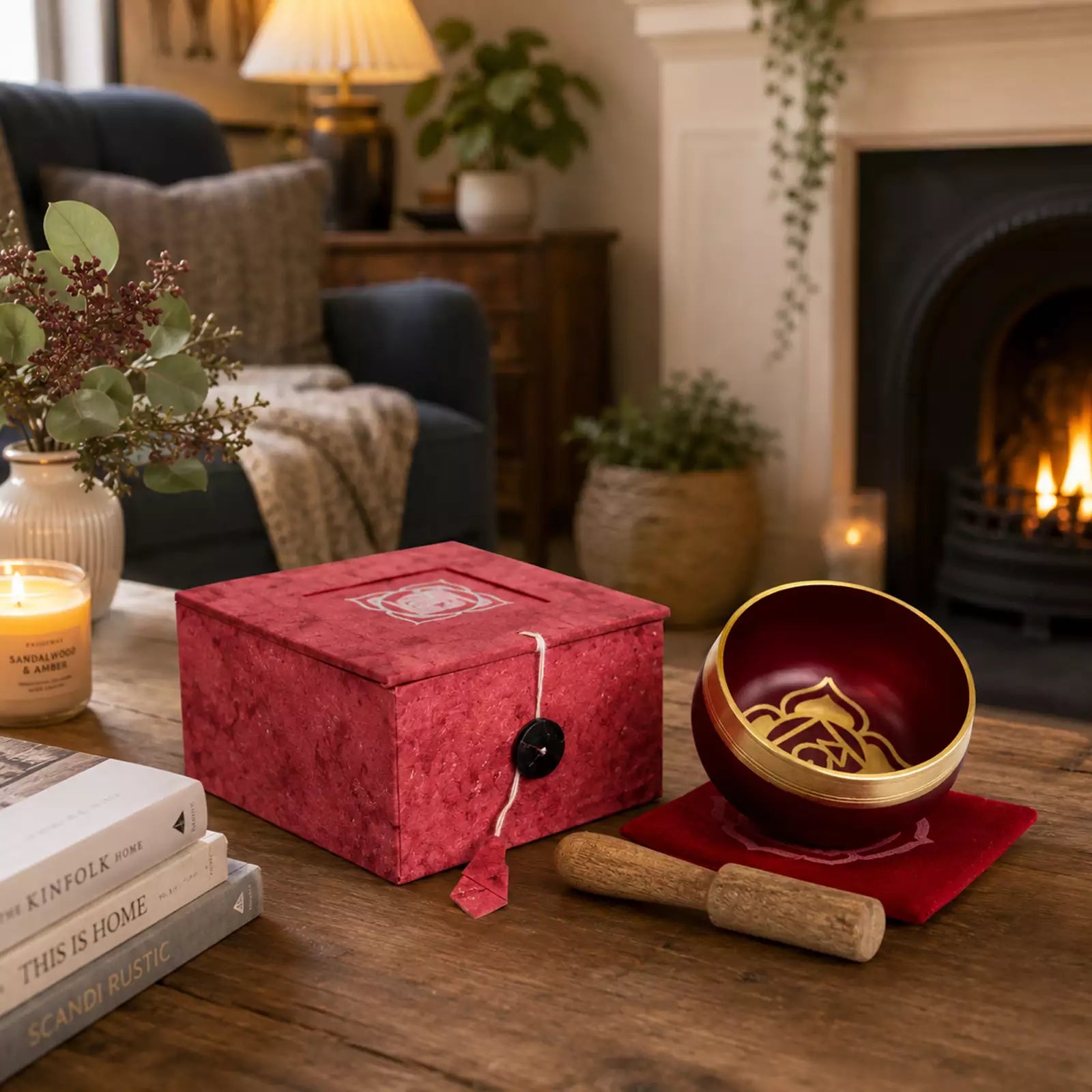 A red textured gift box with a black button closure sits on a wooden table next to a red and gold singing bowl set, with a lit candle, books, and a cozy living room background.
