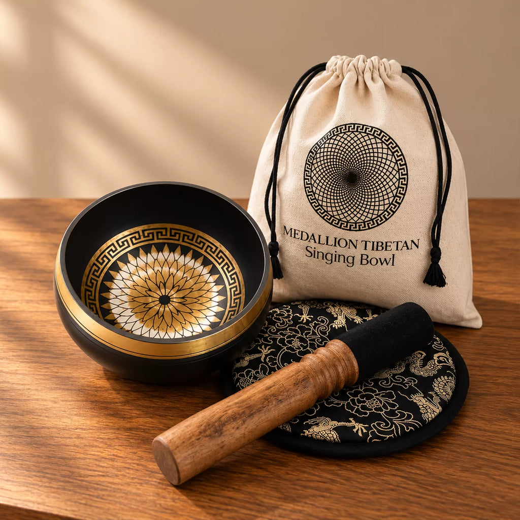 Round Medallion Hand Beaten Engraved Singing Bowl Gift Set - 14cm
