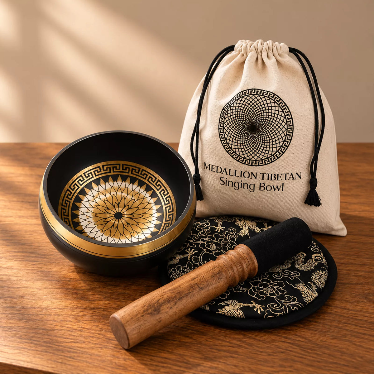 Round Medallion Hand Beaten Engraved Singing Bowl Gift Set - 14cm