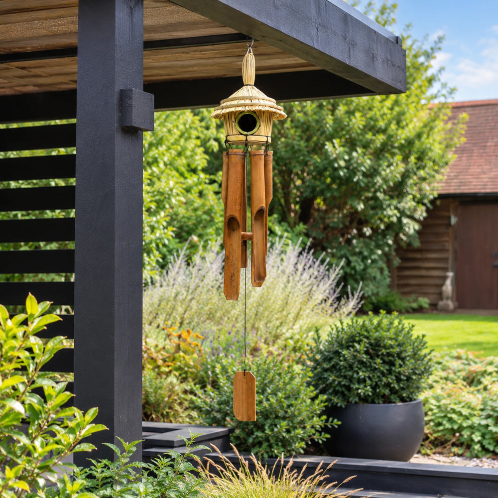 Large Round Seagrass Bird Box with Chimes for Garden - 56x20cm