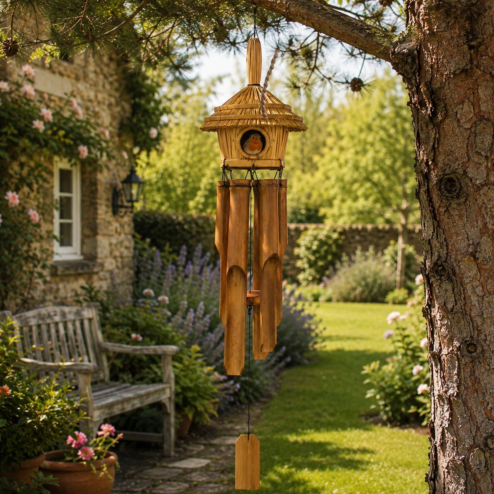 Large Round Seagrass Bird Box with Chimes 56x20cm