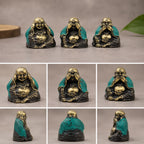 Set of 3 - See No Evil etc - Buddha featuring small resin Buddha statues with teal and gold accents, depicting the classic see no evil, hear no evil, speak no evil poses, perfect for Buddha decor.
