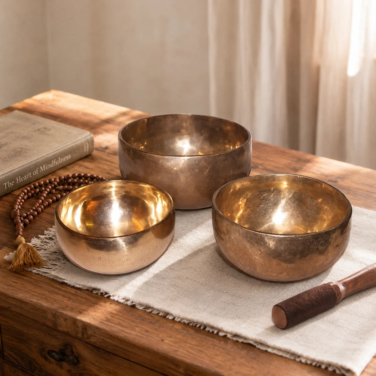 Set of 3 Handmade Brass Tibetan Singing Bowls