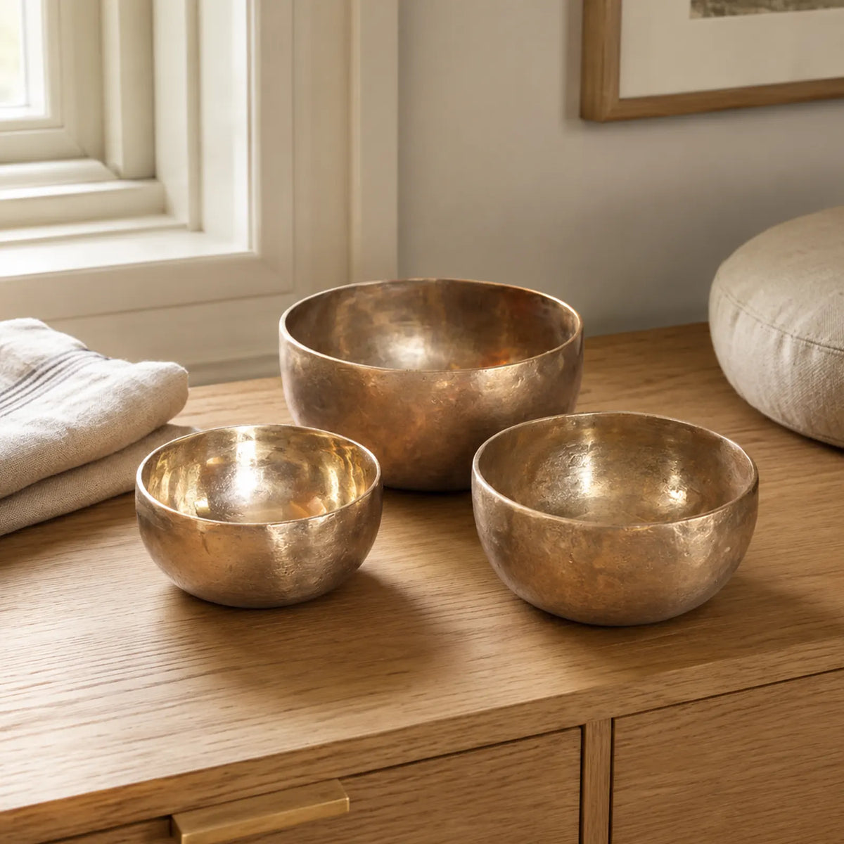 Set of 3 Handmade Brass Tibetan Singing Bowls