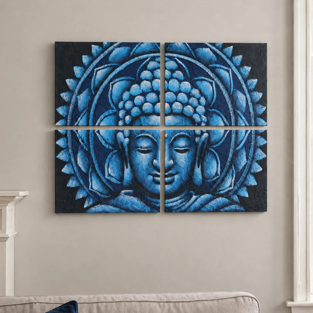 Set of 4 Blue Buddha Wall Art Mandala Painting - Brocade Detail - 30x40cm