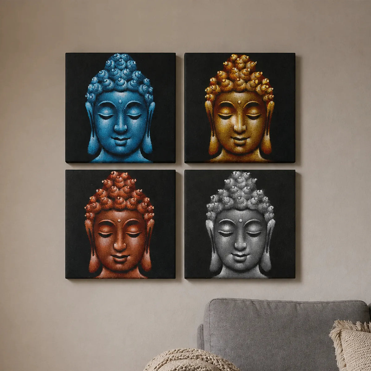 Set of 4 Buddha Wall Art Painting - Heads Sand Detail - 30x30cm