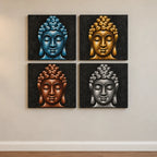 Set of 4 Buddha Wall Art Painting - Heads Sand Detail - 40x40cm