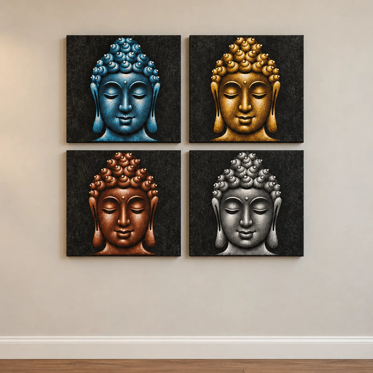 Set of 4 Buddha Wall Art Painting - Heads Sand Detail - 40x40cm