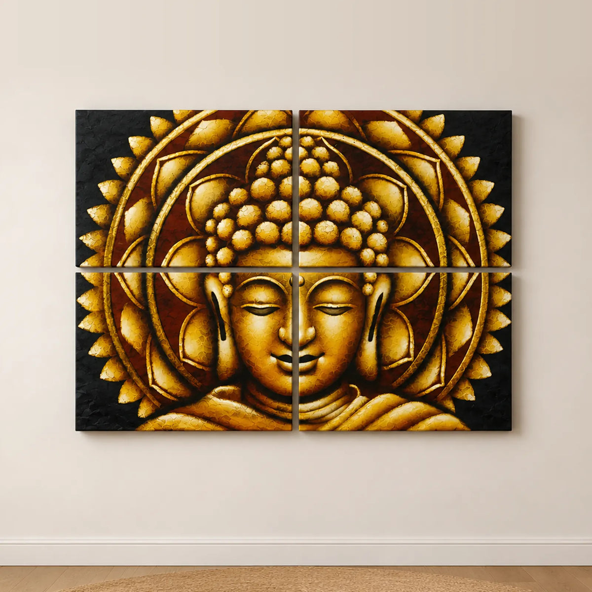 Set of 4 Gold Buddha Wall Art Painting - Mandala Brocade Detail - 30x40cm
