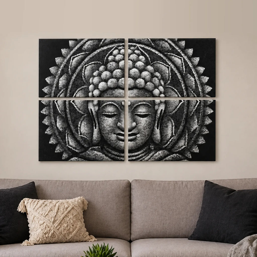 Set of 4 Grey Buddha Wall Art Painting - Mandala Brocade Detail - 30x40cm